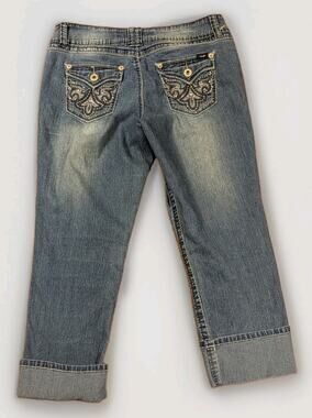 Angels Jeans Y2K Size 15 Low Rise Rhinestone Embroidered Cuffed Capri Jeans